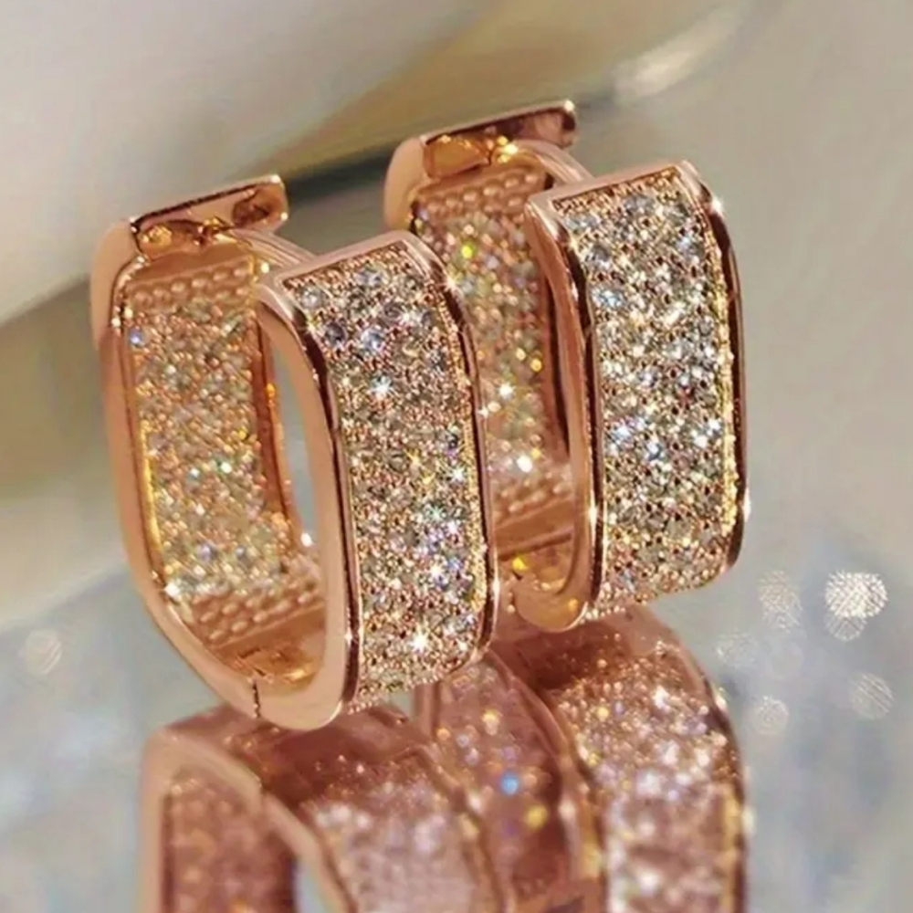 #22 Full Drilled Square Rosegold Hoops, Set W/Zirconia Copper, In&out Diamonds